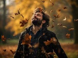Europese Mens in emotioneel dynamisch houding Aan herfst achtergrond ai generatief foto