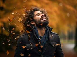 Europese Mens in emotioneel dynamisch houding Aan herfst achtergrond ai generatief foto