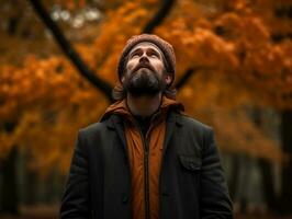 Europese Mens in emotioneel dynamisch houding Aan herfst achtergrond ai generatief foto