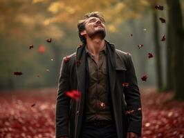 Europese Mens in emotioneel dynamisch houding Aan herfst achtergrond ai generatief foto