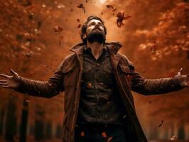 Europese Mens in emotioneel dynamisch houding Aan herfst achtergrond ai generatief foto