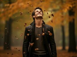 Europese Mens in emotioneel dynamisch houding Aan herfst achtergrond ai generatief foto