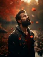 Europese Mens in emotioneel dynamisch houding Aan herfst achtergrond ai generatief foto