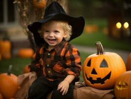 kind in een halloween kostuum met een speels houding ai generatief foto