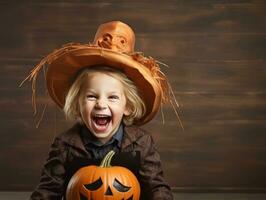 kind in een halloween kostuum met een speels houding ai generatief foto