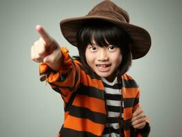 kind in een halloween kostuum met een speels houding ai generatief foto