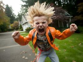 kind in een halloween kostuum met een speels houding ai generatief foto