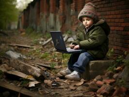 Colombiaanse kind werken Aan een laptop in een levendig stedelijk instelling ai generatief foto