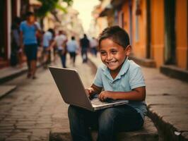 Colombiaanse kind werken Aan een laptop in een levendig stedelijk instelling ai generatief foto