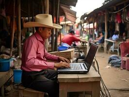 Colombiaanse kind werken Aan een laptop in een levendig stedelijk instelling ai generatief foto