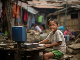 Colombiaanse kind werken Aan een laptop in een levendig stedelijk instelling ai generatief foto