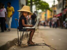 Colombiaanse kind werken Aan een laptop in een levendig stedelijk instelling ai generatief foto