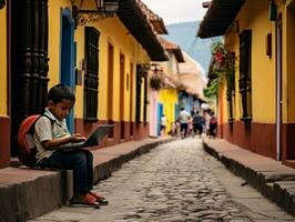 Colombiaanse kind werken Aan een laptop in een levendig stedelijk instelling ai generatief foto