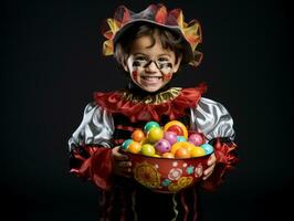 kind in halloween kostuum Holding een kom van snoep met ondeugend grijns ai generatief foto