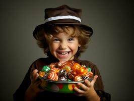 kind in halloween kostuum Holding een kom van snoep met ondeugend grijns ai generatief foto