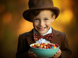 kind in halloween kostuum Holding een kom van snoep met ondeugend grijns ai generatief foto