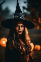 vrouw gekleed net zo een heks voor halloween ai generatief foto