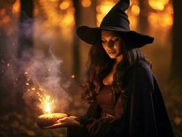 vrouw gekleed net zo een heks voor halloween ai generatief foto