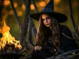 vrouw gekleed net zo een heks voor halloween ai generatief foto