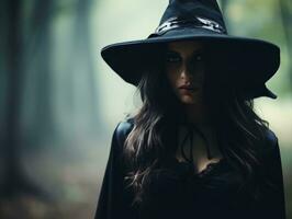 vrouw gekleed net zo een heks voor halloween ai generatief foto