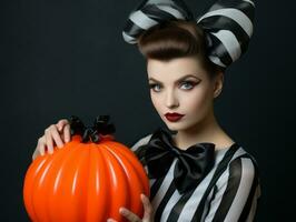 vrouw in een halloween kostuum met een speels houding ai generatief foto