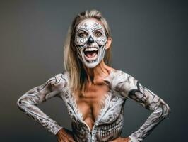 vrouw in een halloween kostuum met een speels houding ai generatief foto