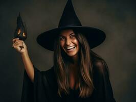 vrouw in een halloween kostuum met een speels houding ai generatief foto