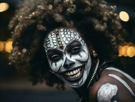 vrouw in een halloween kostuum met een speels houding ai generatief foto