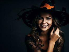 vrouw in een halloween kostuum met een speels houding ai generatief foto