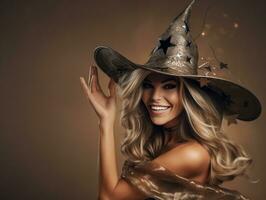 vrouw in een halloween kostuum met een speels houding ai generatief foto