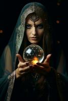 vrouw vertellen van een kristal bal gekleed net zo een mysterieus fortuin teller ai generatief foto