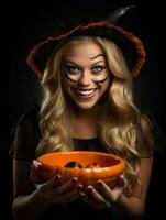 vrouw in een halloween kostuum Holding een kom van snoep met ondeugend grijns ai generatief foto