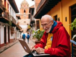 oud Colombiaanse Mens werken Aan een laptop in een levendig stedelijk instelling ai generatief foto