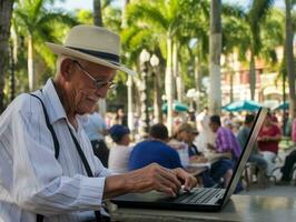 oud Colombiaanse Mens werken Aan een laptop in een levendig stedelijk instelling ai generatief foto