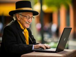 oud Colombiaanse Mens werken Aan een laptop in een levendig stedelijk instelling ai generatief foto