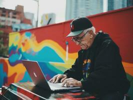 oud Colombiaanse Mens werken Aan een laptop in een levendig stedelijk instelling ai generatief foto