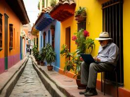 oud Colombiaanse Mens werken Aan een laptop in een levendig stedelijk instelling ai generatief foto