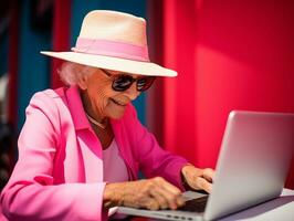 oud Colombiaanse vrouw werken Aan een laptop in een levendig stedelijk instelling ai generatief foto