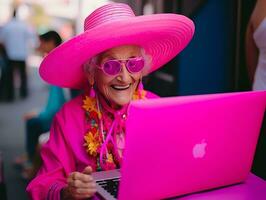 oud Colombiaanse vrouw werken Aan een laptop in een levendig stedelijk instelling ai generatief foto