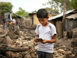 kind van Colombia gebruik makend van smartphone voor spelen spellen ai generatief foto