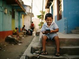 kind van Colombia gebruik makend van smartphone voor spelen spellen ai generatief foto