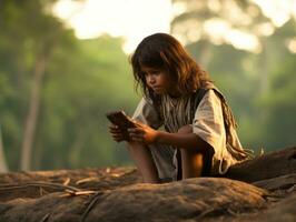 kind van Colombia gebruik makend van smartphone voor spelen spellen ai generatief foto
