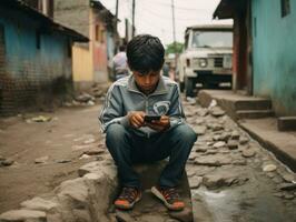 kind van Colombia gebruik makend van smartphone voor spelen spellen ai generatief foto