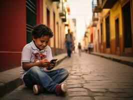 kind van Colombia gebruik makend van smartphone voor spelen spellen ai generatief foto