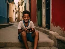 kind van Colombia gebruik makend van smartphone voor spelen spellen ai generatief foto