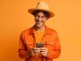 Mens van Colombia gebruik makend van smartphone voor online communicatie ai generatief foto