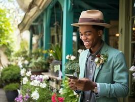 Mens van Colombia gebruik makend van smartphone voor online communicatie ai generatief foto