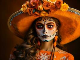 vrouw in levendig calavera bedenken viert de dag van dood ai generatief foto