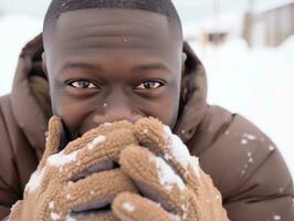 Afrikaanse Amerikaans Mens geniet de winter besneeuwd dag in speels emotioneel dynamisch houding ai generatief foto