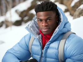 Afrikaanse Amerikaans Mens geniet de winter besneeuwd dag in speels emotioneel dynamisch houding ai generatief foto